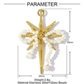 Golden stainless steel cross star and white glass bead bow pendant with dimensions - Bow Star Style - White