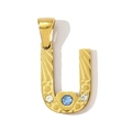 Goldener Edelstahl Anhänger Buchstabe U mit blauem Kristall und herzförmiger Basis - Stil U (YF366-U)