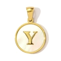 Gold plated stainless steel necklace with round shell pendant and metal letter Y - Letter Y Style (YF367-Y)