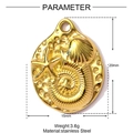 Gouden roestvrijstalen schelphanger met zeester detail en afmetingen in millimeters - Reliëfwulk (YF675)