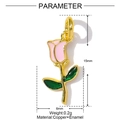 Pink enamel rose flower pendant with copper gold plating and green leaves detail - Small Pink Rose (YF741-1)