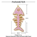 Gold stainless steel fishbone pendant with pink glitter enamel and white pearl detail - Pink Fishbone Style (YF919-2)