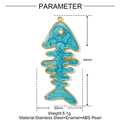 Blue enamel fishbone pendant in gold stainless steel with pearl detail and dimensions - Lake Blue Fishbone Style (YF919-4)