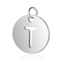 Pendentif rond en acier inoxydable argenté lettre T pour la création de bijoux DIY - Argent Lettre Creuse T (T514S-T)
