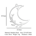 Silver stainless steel moon charm with intricate leaf detail for jewelry making - Moon and Branch Style (LA989-1)