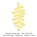 Leaf-shaped gold plated stainless steel pendant measuring 15x31.5mm for DIY jewelry - Leaf Style / Gold