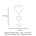Silver stainless steel triple hollow heart pendant charm with dimensions 17.3x44.5mm - Triple Linked Heart Pendant (LA967-1)