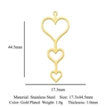 Gold stainless steel triple heart pendant 17.3x44.5mm with hollow design for DIY jewelry - Triple Linked Heart Pendant (LA967-2)