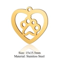 Golden stainless steel heart-shaped charm with hollow cat paw print DIY pendant - Paw Print Heart (JN253) / Gold