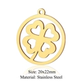 Golden stainless steel hollow round charm with a four-leaf clover design, 20x22mm size - Gold Clover Round Tag (JN259-2)