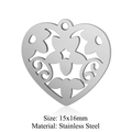 Silver hollow heart-shaped stainless steel pendant with floral pattern, 15x16mm - Floral Heart (JN255) / Silver