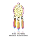 Rainbow plated stainless steel dreamcatcher pendant with three feathers in 14x32mm - Dreamcatcher 3 Feathers (JN195)