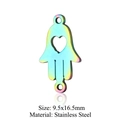 Rainbow plated stainless steel Hamsa Hand pendant connector 9.5x16.5mm with heart detail - Hamsa Hand Double Hole (JN233)