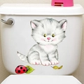 Cartoon grey kitten toilet sticker with ladybug and leaf for bathroom decoration - Style C (980C-20*30CM)