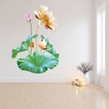 3D lotus wall sticker with white-gold flowers and green leaves in modern living room - Golden Lotus Fresh Elegant Style (KSY162) / Large