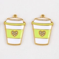 Pair of green enamel coffee cup charms with gold frames and crystal heart inlay - Milk Tea Coffee Cup Style / 1 Piece/Pack (18x26mm) / Green