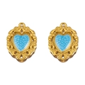 Golden heart-shaped pendant with light blue enamel and floral embossed texture - 20x26mm