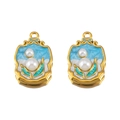 Vintage gold bow earrings with blue enamel, shield shape and two white pearls - 17.5x25mm