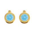 Golden stainless steel round charm with light blue enamel rose relief and beaded edge - Round Rose / 15.5x19mm / Blue