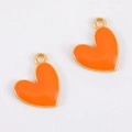Pair of heart-shaped orange enamel alloy pendants with gold plating for DIY jewelry - Heart