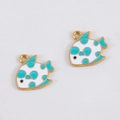 Blue and white enamel fish pendant charm with golden metal frame for jewelry making - Polka Dot Fish - 14.4x14.3
