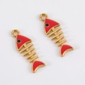Set de dos colgantes de espina de pescado en aleación dorada y esmalte rojo para joyas - Espina de pescado
