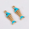 Blue enamel fishbone charm in golden finish for DIY necklace and bracelet jewelry - Fish Bone (8.5x24)