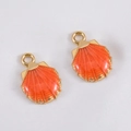 Set of two orange enamel shell pendants with golden alloy edges for DIY jewelry making - Shell-Orange