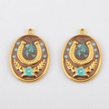 Oval horseshoe pendant with turquoise enamel flower and golden leaves in brown finish - 1pc/pack / Brown Base
