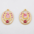 Gold horseshoe pendant with white enamel and pink swirl patterns for DIY necklaces - 1pc/pack / White Pink Base