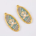 304 Edelstahl Gold Anhänger Oval mit grünem Zeichentrickbär Emaille Charm - Bär-Jubelnd