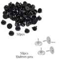 Set of 50 black rubber clutch pin backs with 10mm silver flat head tie tacks for DIY - 50 Pieces / 10mm