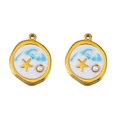 Golden ocean shell pendant with blue waves, yellow starfish and white pearl detail - Blue Round Circle
