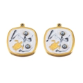 Gold square turtle pendant charms with white marble enamel and pearls for DIY jewelry - Black Square 1