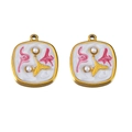 Square gold stainless steel pendant with white enamel, abstract motifs and small pearls - Pink Square 2