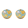 Marine theme gold stainless steel earrings with blue enamel, starfish, and pearl charms - Round-Blue