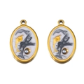 Golden oval ocean charms with marble enamel, dolphin relief, and pearl for DIY jewelry - Black Oval