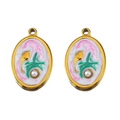 Golden oval enamel pendant with pink gradient, white pearl accent and nature-inspired motifs - Pink Green Oval