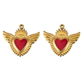 Paar vergoldete Edelstahl Sacred Heart Anhänger mit roten Emaille-Flügeln - Engelsflügel (L250507-10) / Gold