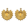 Colgantes de corazón dorados en acero con rayos de sol para bisutería casera - Estilo Sagrado Corazón de Rayos Radiantes (L250427-2) / 2 Piezas/Paquete / Dorado
