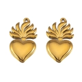 Colgante corazón sagrado en acero inoxidable dorado con detalles de llama y acabado pulido - Estilo Alas de Llama Radiantes (L250507-3) / 2 Piezas/Paquete / Dorado