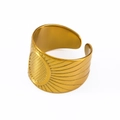 Adjustable golden stainless steel cuff ring with a textured sunburst medallion design - Sunburst Radiating Pattern Style (J420-G-Gold) / Gold