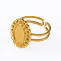 Adjustable golden stainless steel ring with an oval scalloped blank tray for DIY jewelry - Scalloped Oval Center Tray (J463-G-Gold)