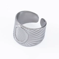 Adjustable silver stainless steel wide ring featuring radial texture and oval grain center - Radiating Line Style (J420-S-Silver)