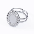Adjustable silver stainless steel ring with oval blank tray and double-layered hollow band - Oval Scalloped Wave Pattern (J463-S-Silver)