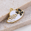 DIY enamel straw hat pendant with black bow and white pearls on golden stainless steel - Hat White (17x26.5mm)
