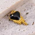 Golden stainless steel heart pendant with black enamel finish and zircon stone charm - Tassel Heart Black (8x13mm)