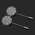 Pair of silver-plated peacock feather hollow filigree stick brooches with safety caps - Flower Diameter 25mm / Rhodium