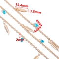 Golden multi-layer chain featuring leaf pendants and blue beads with exact measurements - 【1 Meter / Pack】 / Feather Chain-KC Gold