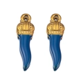 Pair of deep blue cornicello chili pendants with golden crown caps and eyelets - Dark Blue-Gold